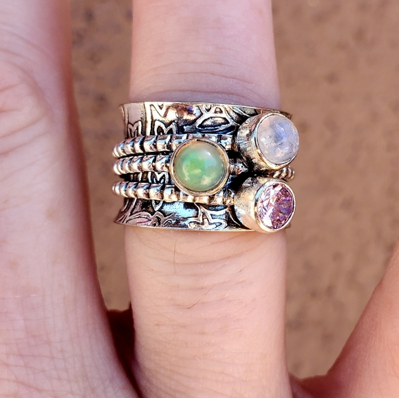New Ethiopian Opal Multi Gemstone 925 Silver Spinner Meditation Ring. - Picture 6 of 13